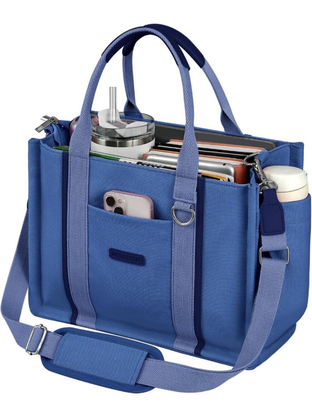 Stylish Multi-Pocket Canvas Tote Bag with Zipper for Work, Laptop & Travel